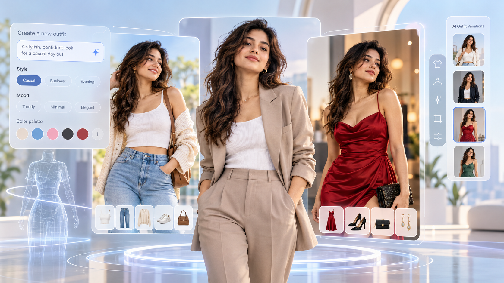AI virtual outfit try-on showing three fashion styles generated with Dreamina AI before shopping online.