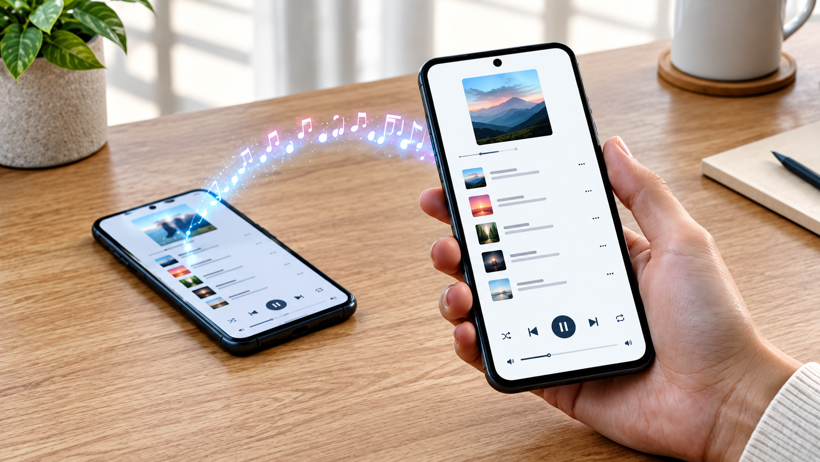 Two smartphones displaying a music player interface, with glowing musical notes arcing between them to represent wireless music transfer.
