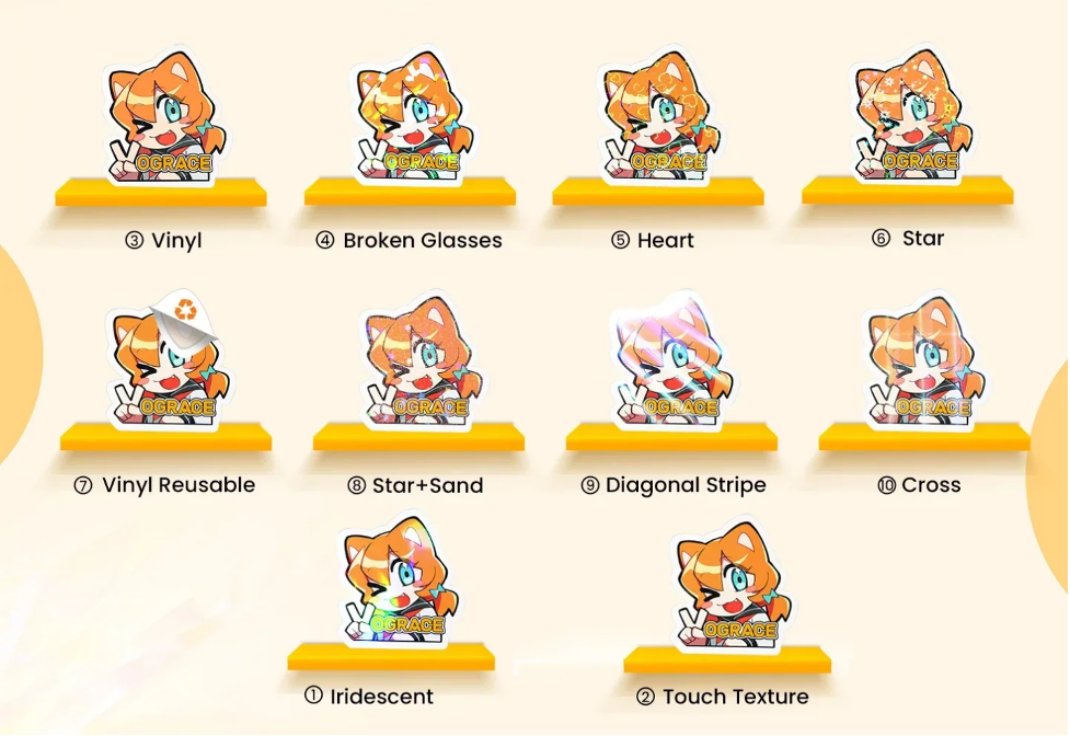 Vograce anime stickers showing different finishes.