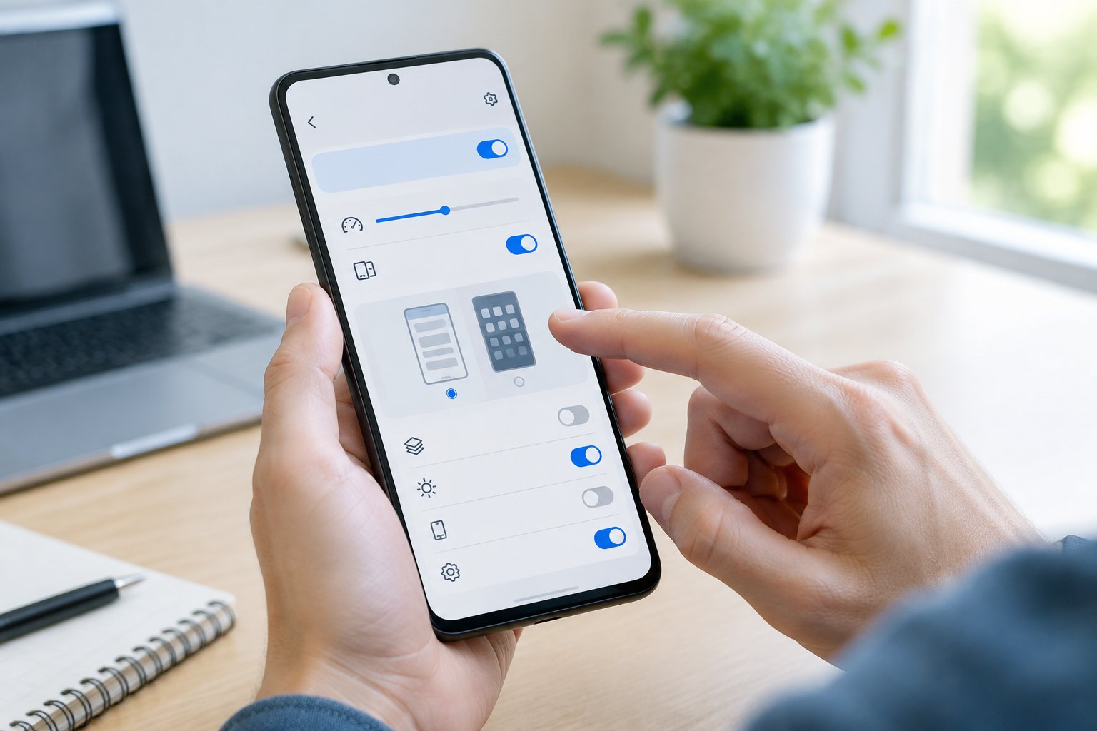 A person adjusts settings on a smartphone at a desk.