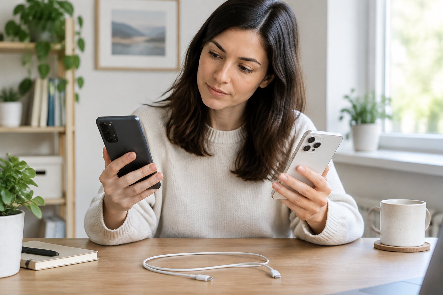 A person compares an Android phone with an already set-up iPhone.