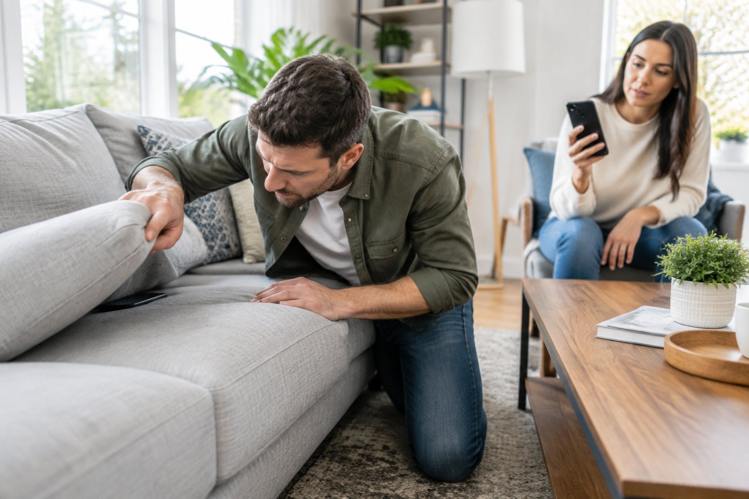 A person searches sofa cushions while another calls a missing phone.