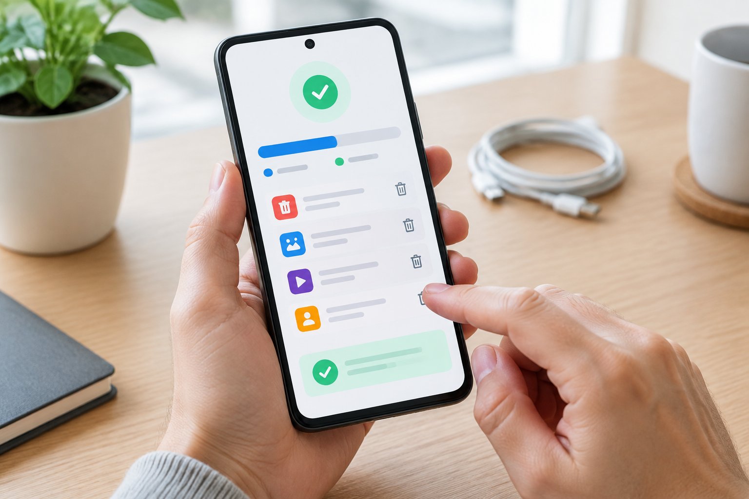 A person uses a smartphone showing a storage-management screen.